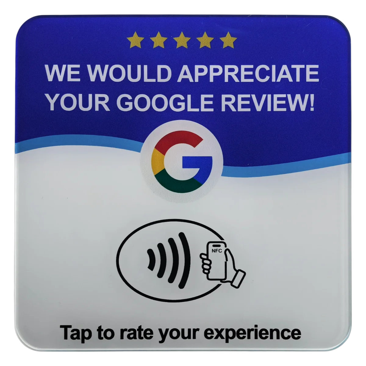 Akrylová NFC doštička na Google recenzie pri pohľade zhora